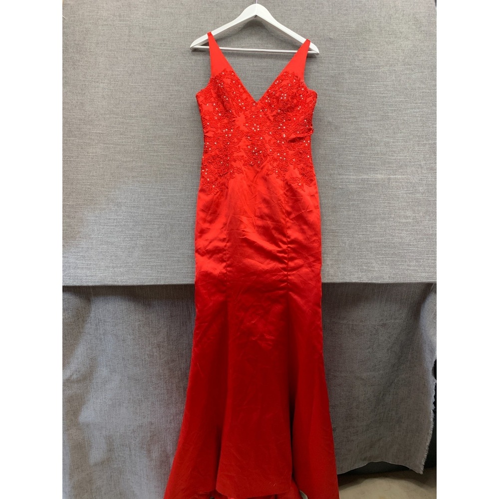 Hebeos Gown Dress Womens Red Lace Rhinestone V Neck Back Zip Gorgeous‎ Bridal